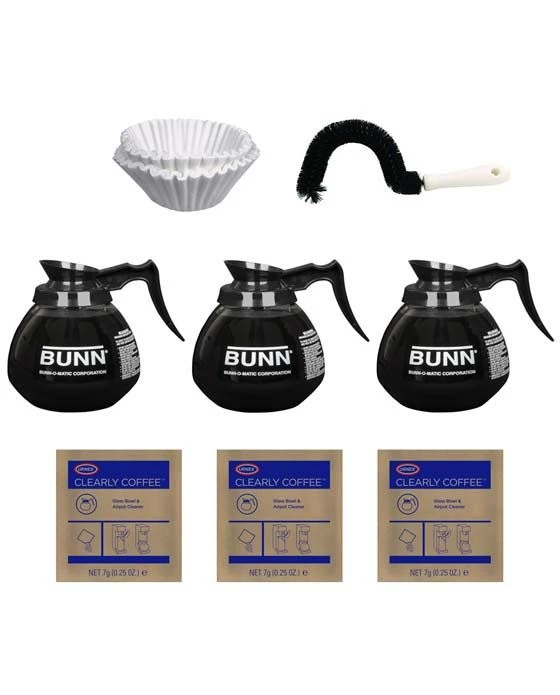 BUNN® Bunn Glass Pots (3 Pack), 100 CF12 Filters, Cleaning Brush And Urnex (3 Pack) 3 BUNN® Bunn Glass Pots (3 Pack), 100 CF12 Filters, Cleaning Brush And Urnex (3 Pack)