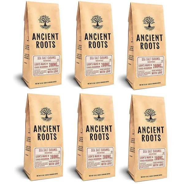 Ancient Roots Sea Salted Caramel Flavored Mushroom Medium Roast Ground Coffee, 6/12 Oz Bags 3 Ancient Roots Sea Salted Caramel Flavored Mushroom Medium Roast Ground Coffee, 6/12 Oz Bags